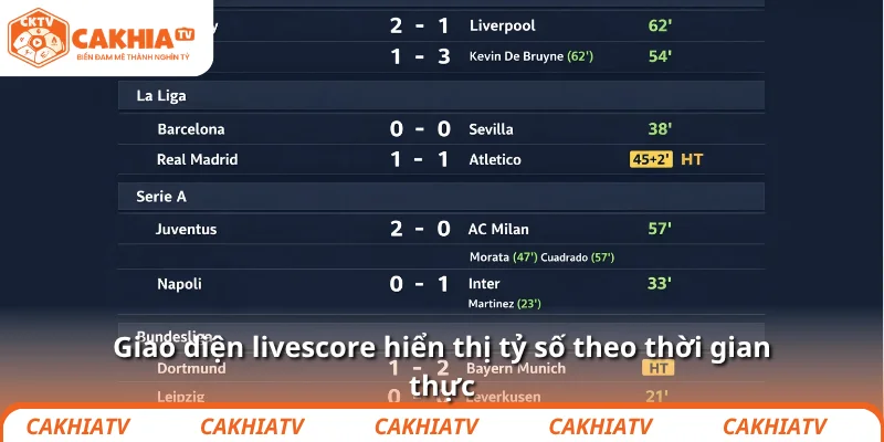 Livescore hôm nay chuẩn xác, cập nhật nhanh tại CakhiaTV 1 Giao diện livescore hiển thị tỷ số theo thời gian thực